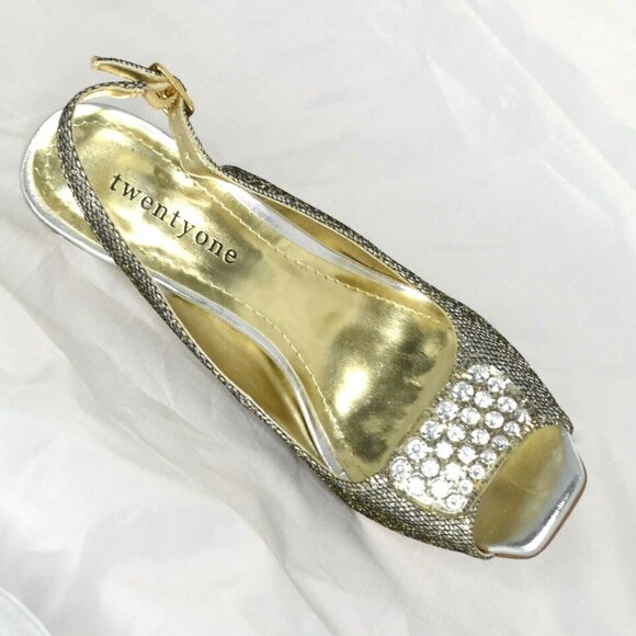 Twenty-One Womens 6 High Heels Slingback Gold Silver Rhinestones Peep Toe Shoes - Picture 9 of 11